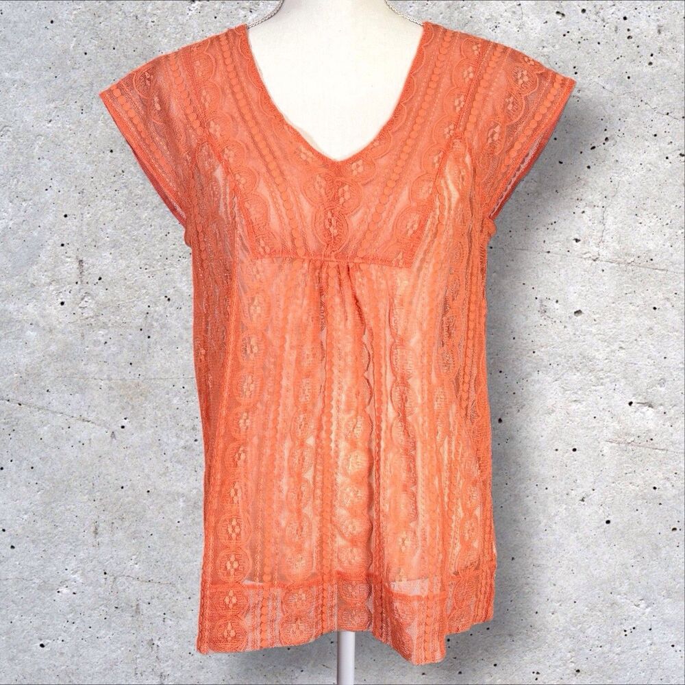 Fossil Sheer Lace Coquette Top V Neck Y2K Boho Fairy Womens’s Medium Orange